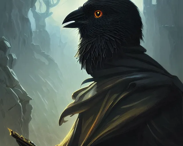 Image similar to dark crow sitting on the shoulder of a dark wizard, deep focus, d & d, fantasy, intricate, elegant, highly detailed, digital painting, artstation, concept art, matte, sharp focus, illustration, hearthstone, art by artgerm and greg rutkowski and alphonse mucha