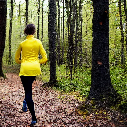 Image similar to a beautiful female orienteer wearing a yellow long - sleeved shirt and black tights runs in the forest, award winning photo, sigma 5 5.