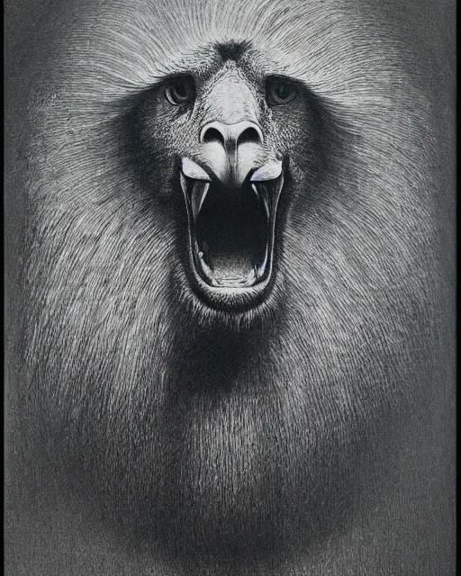 Prompt: face of an eagle, face of an lion, face of an ox, face of an human, on one creature. drawn by zdzislav beksinski