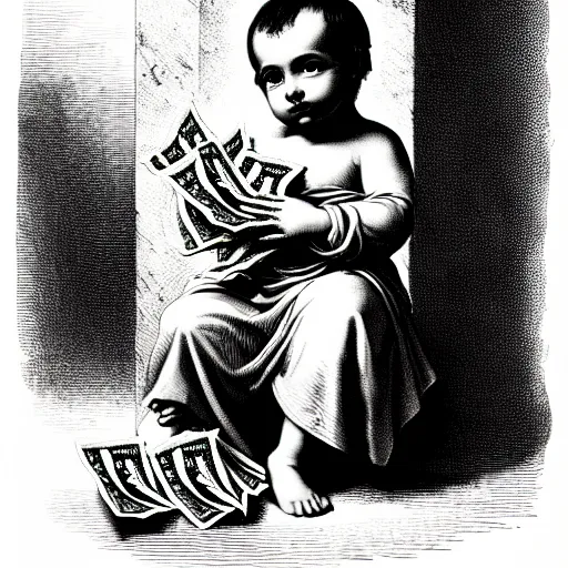 Prompt: baby smoove holding stacks of cash, biblical image, style of gustave dore, highly detailed, beautiful, high contrast, black and white