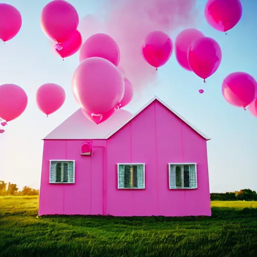 Image similar to dream a 5 0 mm lens photograph of a cute pink floating modern house, floating in the air between clouds, inspired by the movie up, held up from above by heart ballons. mist, playful composition canon, nikon, award winning, photo of the year