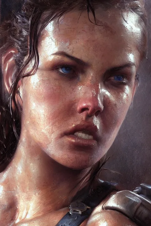 Image similar to muscular sweat lara croft, face close up, highly detailed painting by gaston bussiere, craig mullins, j. c. leyendecker 8 k