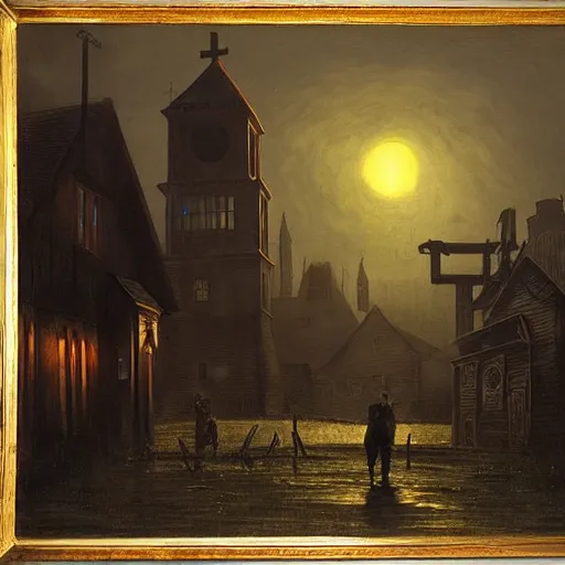 Prompt: zombies, innsmouth, fishing town, church, night, dramatic light, lovecraft, painted by caspar david friedrich