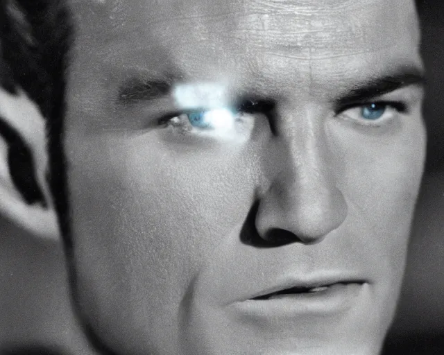 Image similar to film still from star trek, close up macro of james kirk in the transporter bay, octane, 1 9 6 8