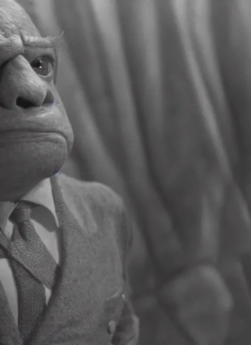 Image similar to film still of Pepe the frog as Oskar Schindler in Schindler's List, 4k