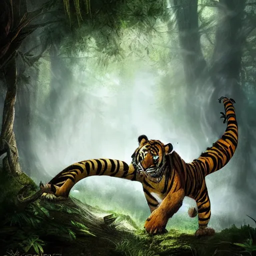 Image similar to a dragon and a tiger hybrid in the forest, dynamic lighting, photorealistic concept art, stunning visuals, creative, cinematic, ultra detailed, best detail