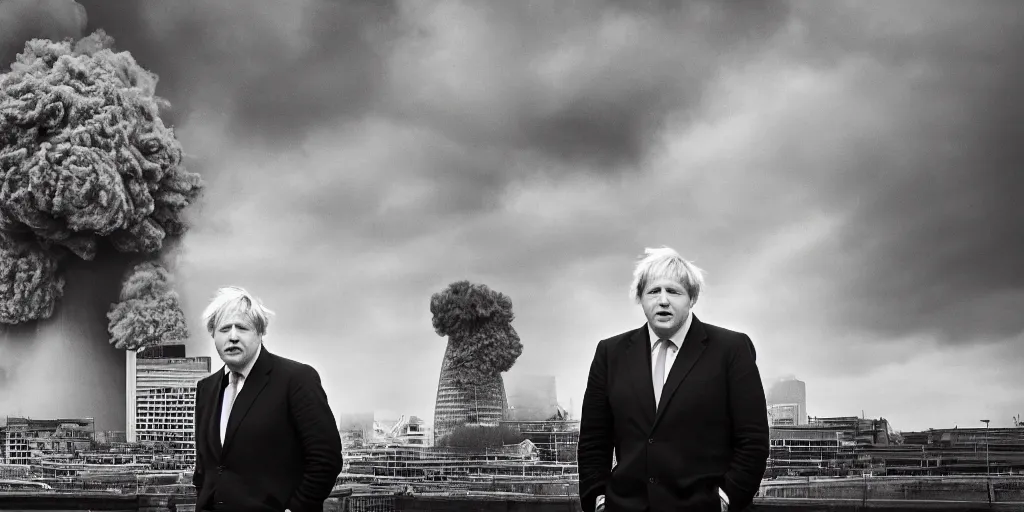 Image similar to a portrait of Boris Johnson standing in front a nuclear landscape of the southbank centre in london, the london eye and big ben are still standing, collapsed brutalist architecture, groups of human figures stagger amongst the ruins, fog, dust atmosphere, brooding clouds, mushroom cloud, detailed, 4k