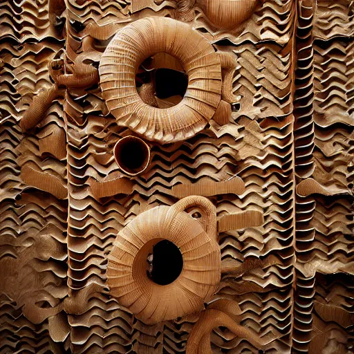 Image similar to tentacles made of brown corrugated cardboard, cut out of cardboard, realistic photography, fantasy