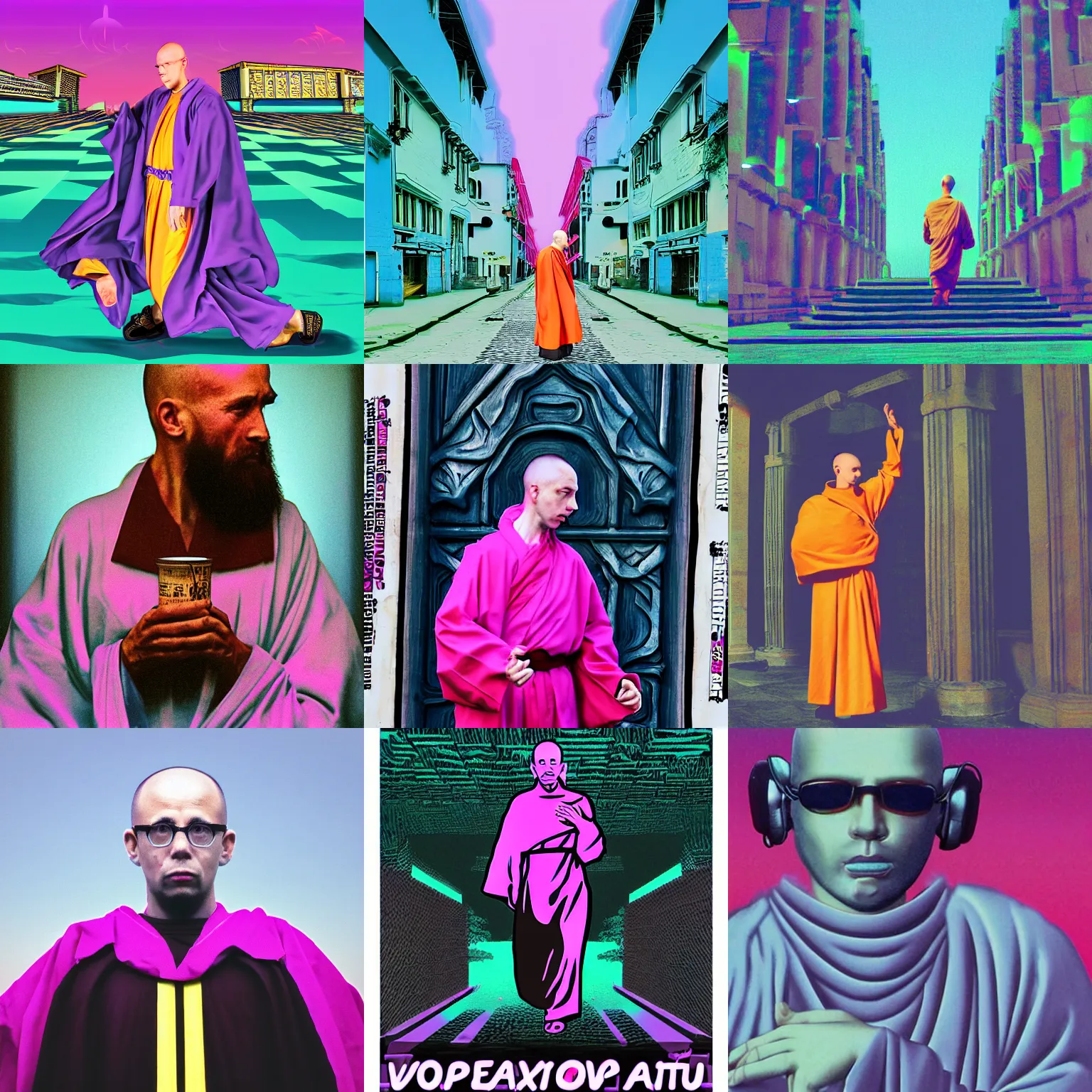 Prompt: vaporwave belgian monk, outrun, darkwave