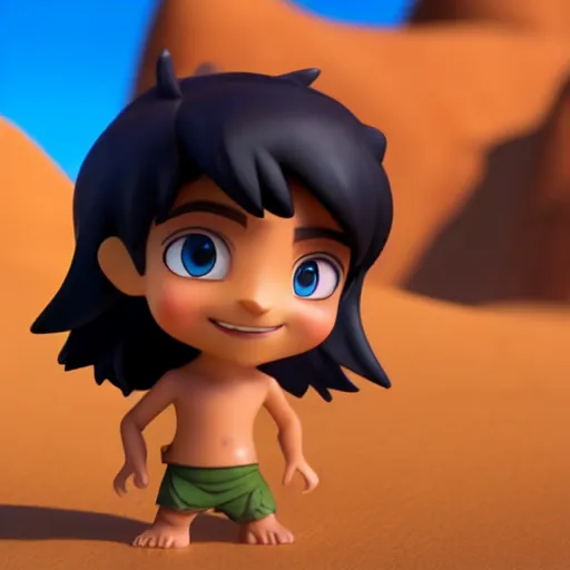 Image similar to profile view of young aladdin as nendoroid walking in a desert in the croods movie style, anime, disney, pixar, 8 k, hd, dof, kodak film, volumetric lighting, subsurface scattering, photorealistic, octane render, details