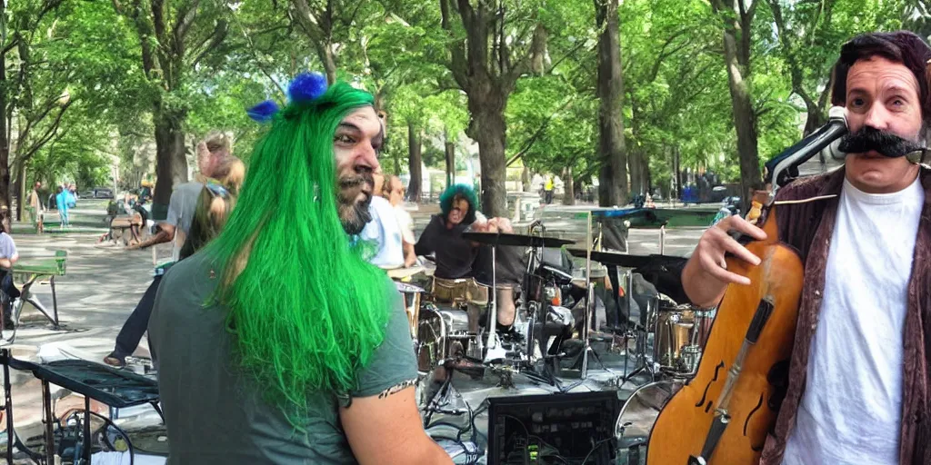 Prompt: a green-haired, funky, rustic, gentle metro dingo sound guy with a Salvador Dali moustache mixes a band in the park