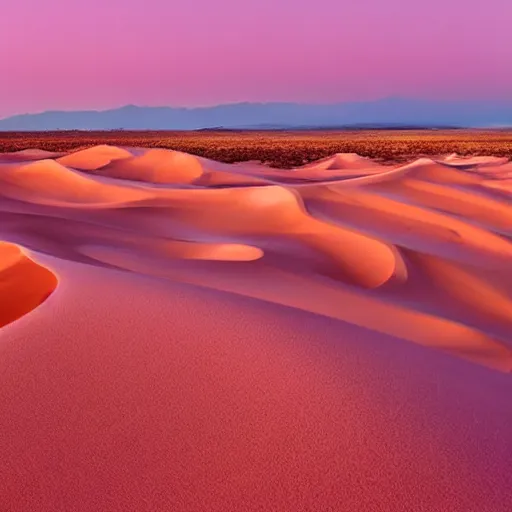 Prompt: endless desert dunes in front of a pink sky, surreal,