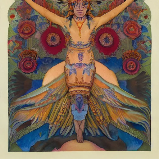 Image similar to the dawn crown, by Annie Swynnerton and Nicholas Roerich and Diego Rivera, bioluminescent skin, tattoos, wings made out of flowers, elaborate costume, geometric ornament, symbolist, soft colors, smooth, sharp focus, extremely detailed