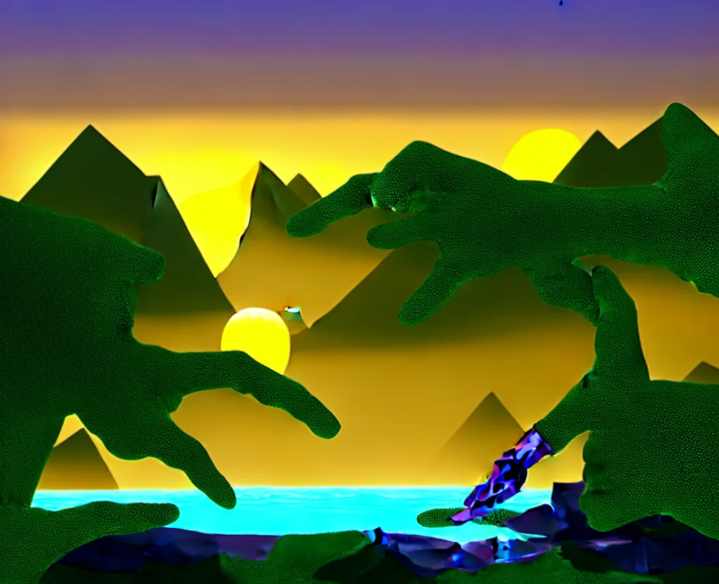 Prompt: a low-poly render of a big purple hand holding the orange setting sun on the ocean horizon. a green tinted transparent beckoning lady in front of a waterfall. a cream colored abandoned building featuring two statues and pitch black periphery. a prehistoric jungle scene with a mountain in the background.