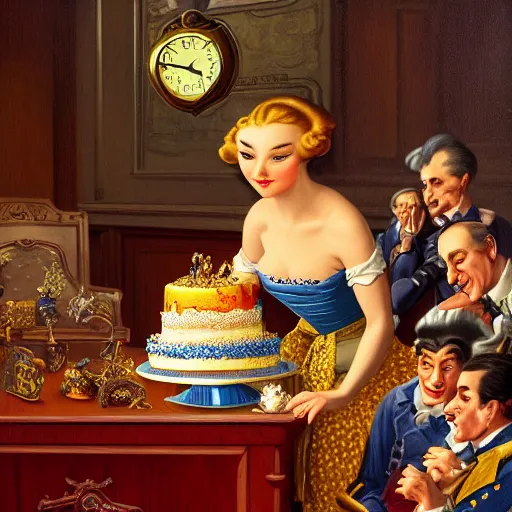 Image similar to lawyer eating a big birthday cake in a courtroom, realistic, regal, refined, detailed digital art, michael cheval, walt disney ( 1 9 3 7 ), francois boucher, oil painting, steampunk, highly detailed, cinematic lighting, unreal engine, 8 k