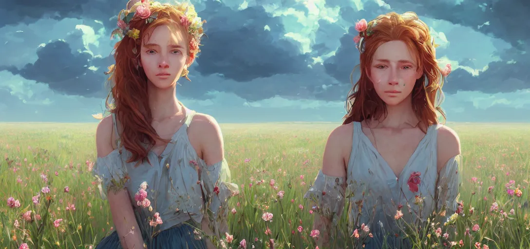 Image similar to a beautiful southern woman named Savannah, innocent, sad turquoise eyes, freckles, long ginger hair tied with white ribbon, relaxed in a field of flowers on a farm, gentle lighting, storm in the distance, somber, western clothing, dress, digital art by Makoto Shinkai ilya kuvshinov and Wojtek Fus, digital art, concept art,