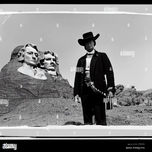 Prompt: an 1 8 0 0 s photo of donald trump playing the role of clint eastwood, squinting at high noon, in the style of a clint eastwood movie, the good, the bad and the ugly, clint eastwood, vibe, donald trump, glory days, mount rushmore, justice, american flag, independence, patriotism, apple pie, black and white, artgerm