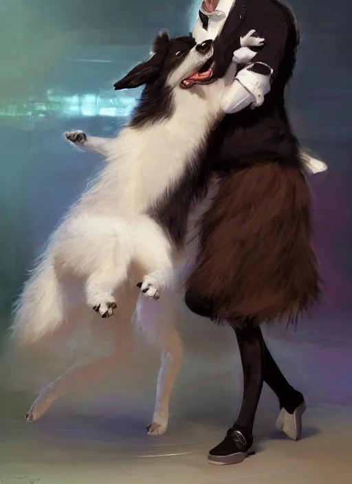 Prompt: wide shot painting of a male anthropomorphic border collie fursona dancing with a cute female anthropomorphic sheep fursona in a ballroom, beautiful, model pose, realistic proportions, highly detailed, scenic background, trending on artstation, art by charlie bowater and henry asencio and and ross tran