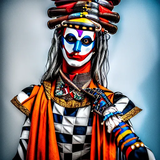 Image similar to photo of a beautiful harlequin warrior, highly detailed, 4k, HDR,