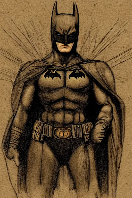 Image similar to vitruvian batman by leonardo da vinci, pencil sketch, sepia background, detailed, proportional, trending on art station, 4k