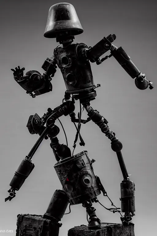 Prompt: a cinematic photo shot of a beautiful 1 : 6 scale threea toys figurine by ashley wood, world war one robot playing drums and electric guitar, black background, museum light, dark mood