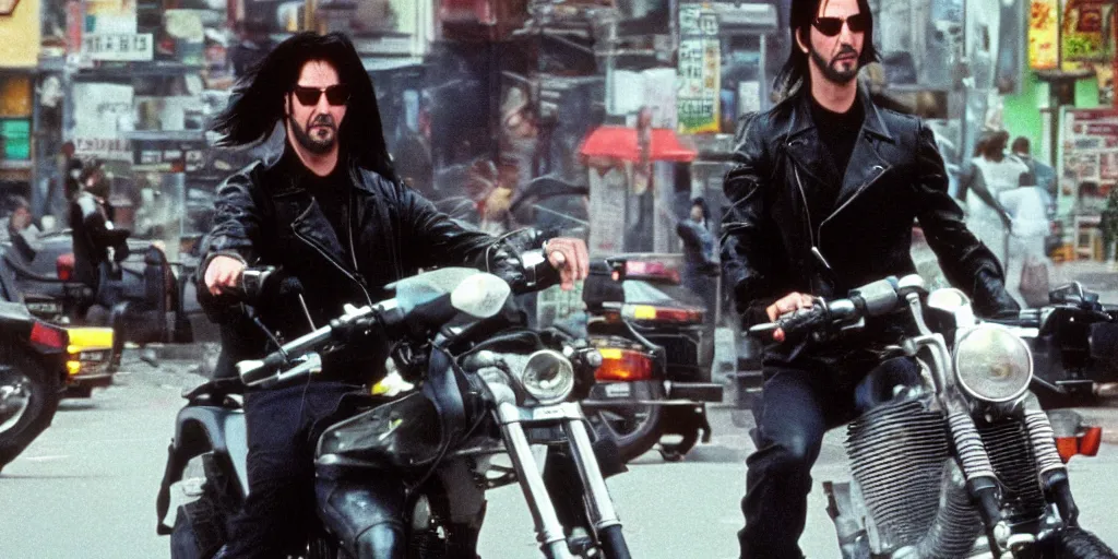 Image similar to beautiful hyperrealism three point perspective film still of Keanu Reeves as neo with machine gun in a motorcycle chase scene in Matrix(1990) extreme closeup portrait in style of 1990s frontiers in translucent porclein miniature street photography seinen manga fashion edition, miniature porcelain model, focus on face, eye contact, tilt shift style scene background, soft lighting, Kodak Portra 400, cinematic style, telephoto by Emmanuel Lubezki