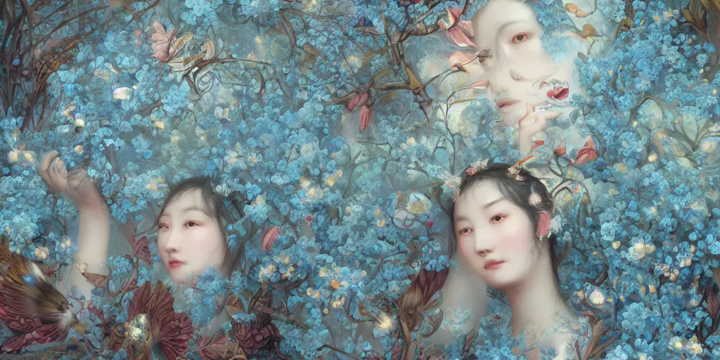 Image similar to breathtaking detailed concept art painting of goddesses of light blue flowers with anxious piercing eyes and background pattern blend of flowers and fruits and birds, by hsiao - ron cheng and beto val and john james audubon, bizarre compositions, exquisite detail, extremely moody lighting, 8 k