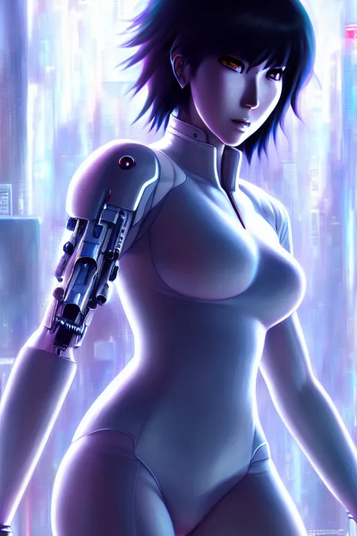 Prompt: fullbody portrait of semi biomechanical motoko kusanagi ghost in the shell, finely detailed features, closeup at the faces, perfect art, at a cyberpunk city, gapmoe yandere grimdark, trending on pixiv fanbox, by ilya kuvshinov, rossdraws, artgerm