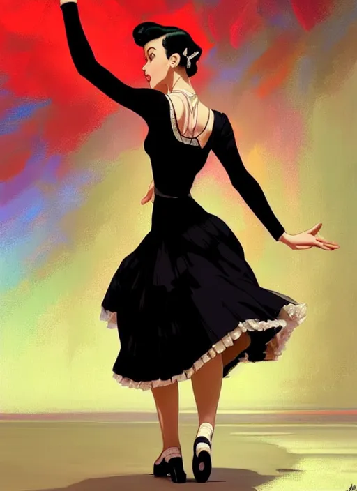 Image similar to a beautiful dancer with black hair in 1940's fashion, ballroom background, intricate, highly detailed, digital painting, artstation, official media, anime key visual, concept art, rich vivid colors, ambient lighting, sharp focus, illustration, art by Artgerm, Makoto Shinkai, Ilya Kuvshinov, Lois Van Baarle, and Rossdraws