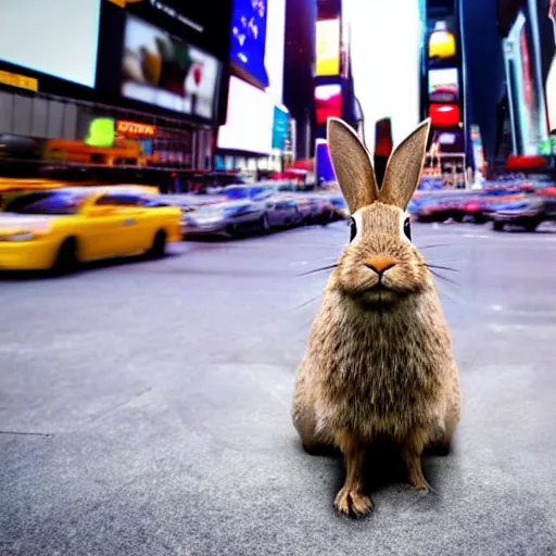 Prompt: a rabbit standing in times square, photorealistic