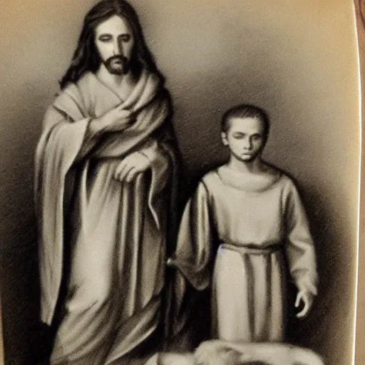 Image similar to old family photo of jesus christ with his brother lucario, hyperrealistic, vintage