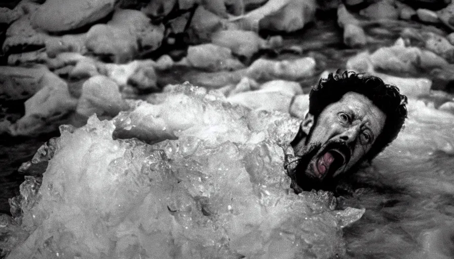 Prompt: 1 9 6 0 s movie still close up of marcus aurelius frozen to death screaming in the river white drapery, pine forests, cinestill 8 0 0 t 3 5 mm b & w, high quality, heavy grain, high detail, texture, dramatic light, anamorphic, hyperrealistic, detailed hair