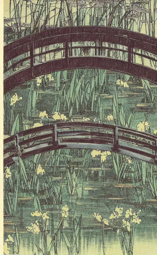 Image similar to by akio watanabe, manga art, wooden lake bridge and iris flowers, trading card front