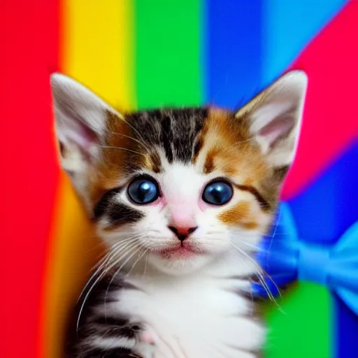 Image similar to a kitten on a rainbow wearing a bowtie