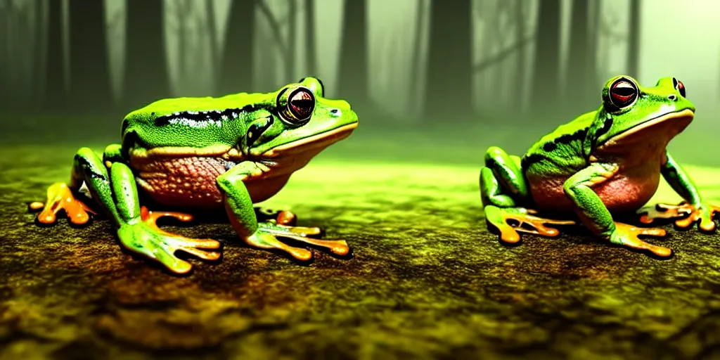 Image similar to A frog infected with fungus, foggy woodland swamp, golden hour, photorealistic 3D artwork