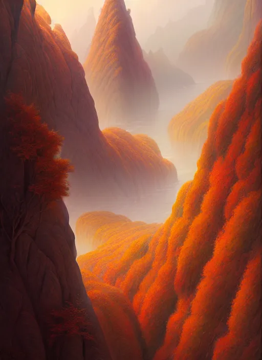Image similar to autumn mornings in the low - poly cliffs of illusions, diffuse lighting, fantasy, intricate, surrealism!!!!, highly detailed, lifelike, photorealistic, digital painting, artstation, illustration, concept art, smooth, sharp focus, by greg rutkowski, chris tulloch mccabe, valentina remenar and asher duran,