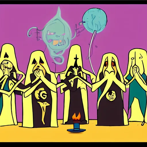 Image similar to a group of lovecraftian cultists in a circle performing a ritual in the style of adventure time