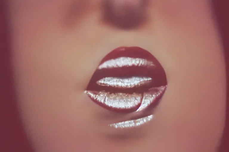 Prompt: film photography, gonzo, close-up of а woman\'s mouth with smeared lipstick , golden hour, 35mm, motion blur