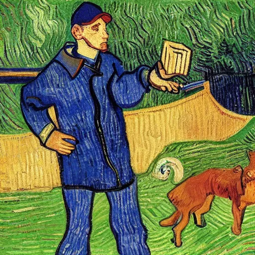 Prompt: Eminem with a dog plays with wooden blocks at Central Park painting by van gogh