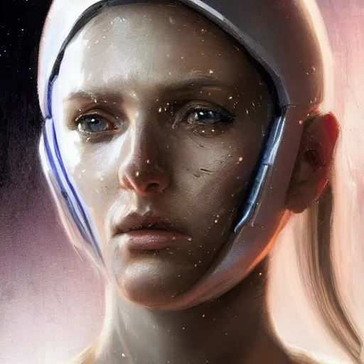 Image similar to portrait of a woman by greg rutkowski, she is about 3 0 years old, slavic, pretty, blond hair with two strans around her face, devastated expression, helplessness and denial, she is wearing a futuristic space gear, highly detailed portrait, digital painting, artstation, concept art, smooth, sharp foccus ilustration, artstation hq.