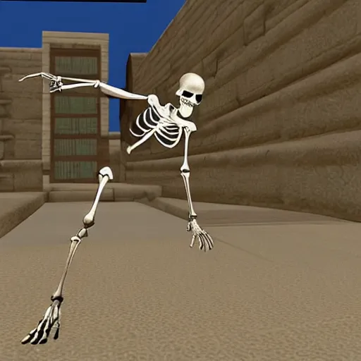 Prompt: A gameplay screenshot of a skeleton in tony hawk (PS2, 2004)