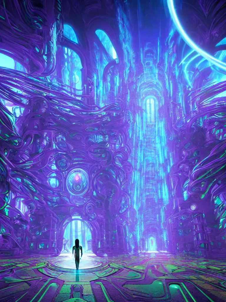 Image similar to entrance to matrix ethereal realm, shiva sentient, rendered in unreal engine, central composition, symmetrical composition, dreamy colorful cyberpunk colors, 6 point perspective, fantasy landscape with anthropomorphic terrain in the styles of igor morski, jim warren and rob gonsalves, intricate, hyperrealistic, volumetric lighting, neon ambiance, distinct horizon