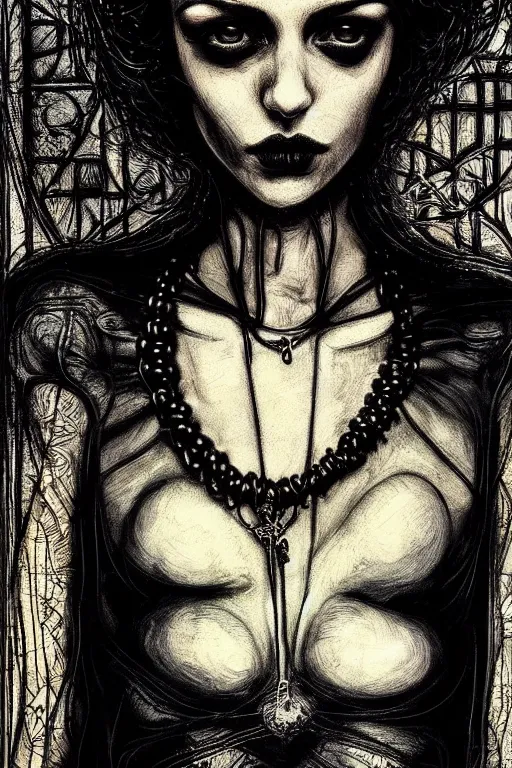 Image similar to dreamy gothic girl, black leather slim clothes, dark necklace, beautiful woman body, detailed acrylic, grunge, intricate complexity, by dan mumford and by alberto giacometti, peter lindbergh