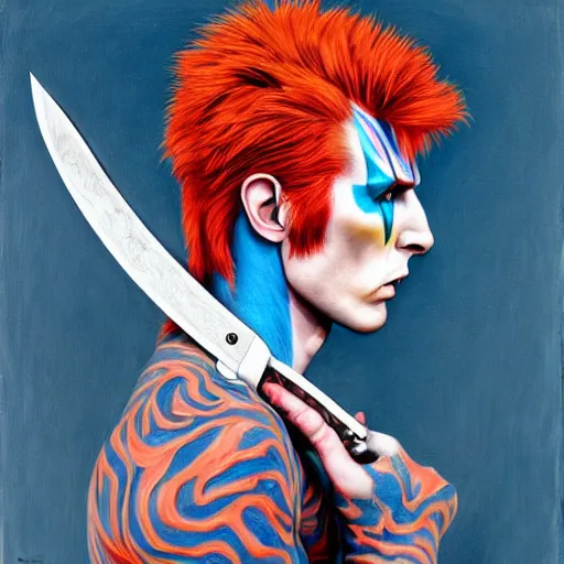 Prompt: Ziggy Stardust holding a Bowie knife, james jean, realism