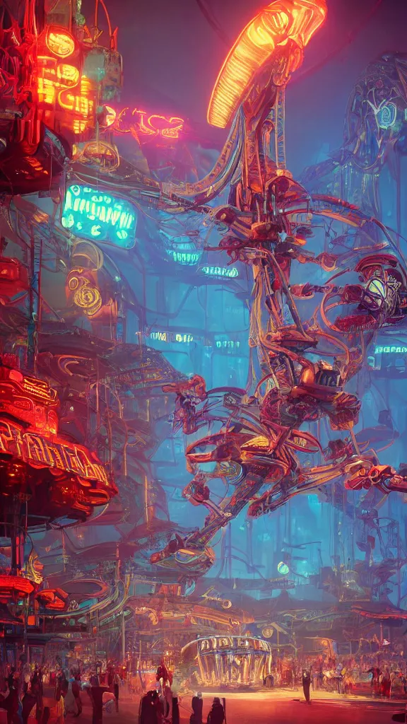 Image similar to concept art, retro - futurist steampunk theme park, imperious, towering rollercoaster, carnival robots, octane render, artstation, dramatic neon lighting, glowing circus motifs, red turquoise accents, bladerunner, by gerald brom, james jean, syd mead, akihiko yoshida, cinematic