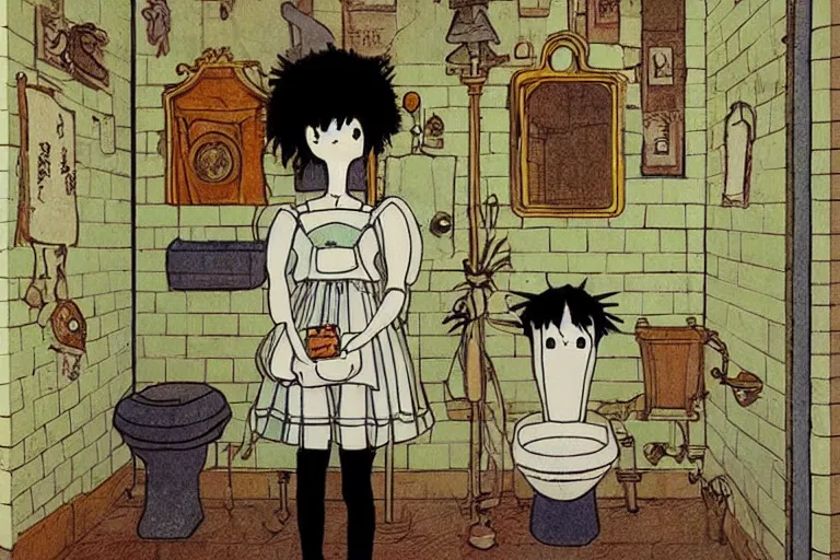 Image similar to victorian bathroom, style of studio ghibli + moebius + basquiat, cute,