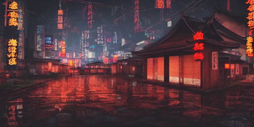 Image similar to “an ancient Japanese temple, shrouded in a cyberpunk city, during a rainy night, 4k, cinematic, neon lights, dark, hyperrealistic, trending of art station”