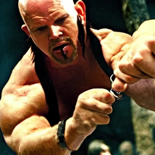 Prompt: stone cold steve austin destroying the one ring in mt. doom
