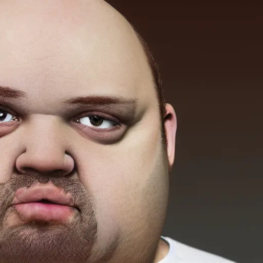 Prompt: a highly detailed portrait of a balding obese man with horrible skin wearing a dirty shirt, 8 k, 4 k, highly detailed, sharp