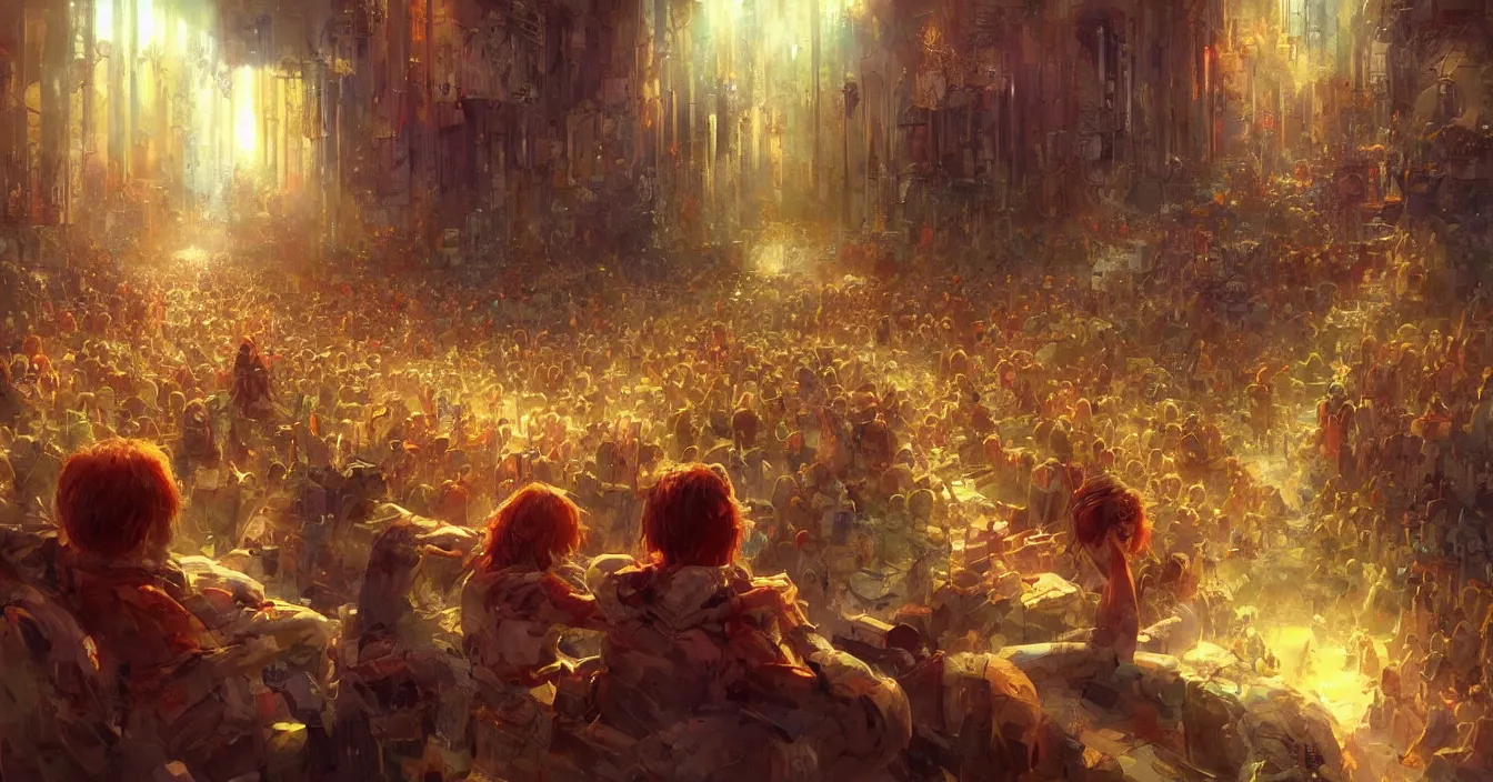 Image similar to Imagination of human souls sitting in cinema like room and watch very interested bright light of consciousness projecting their lives on the big wide screen, realistic image full of sense of spirituality, life meaning, meaining of physical reality, happy atmosphere, by Marc Simonetti